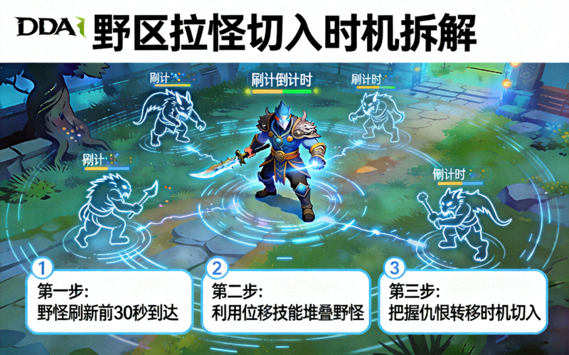 DOTA2野区拉怪切入时机拆解画面 - 英雄在野怪刷新点进行堆叠与切入