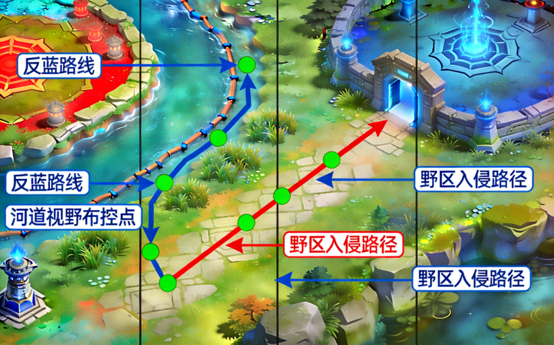 王者荣耀打野英雄开局反蓝路线示意图 - 河道视野布控与野区入侵路径